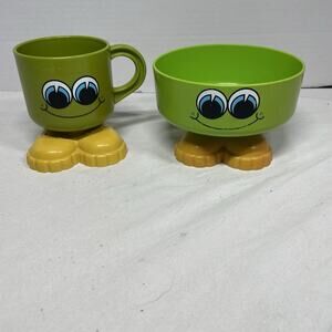 Vintage 1970s Deka Green Smiley Face Mug And Bowl with Yellow Feet USA Made